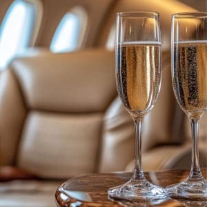 Copas de champán servidas en el interior de un jet privado de lujo durante un vuelo exclusivo