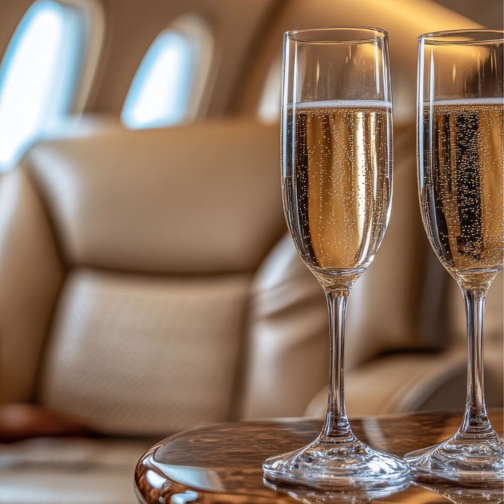 Copas de champán servidas en el interior de un jet privado de lujo durante un vuelo exclusivo