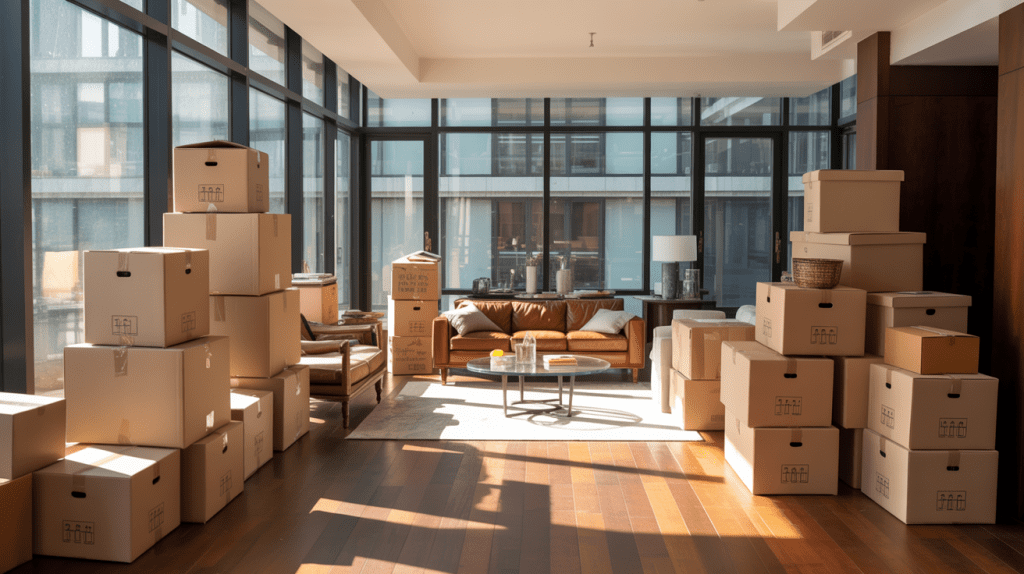 Cajas de mudanza preparadas en una vivienda antes de un traslado residencial